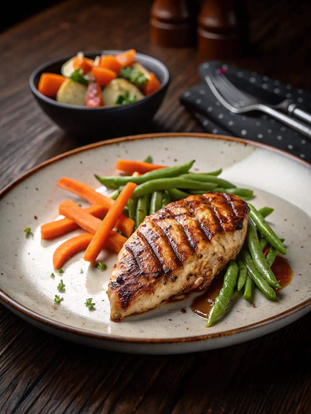 A photo of a perfectly grilled steak with grill marks, served with roasted vegetables and a rich sauce, representing a premium catering option.