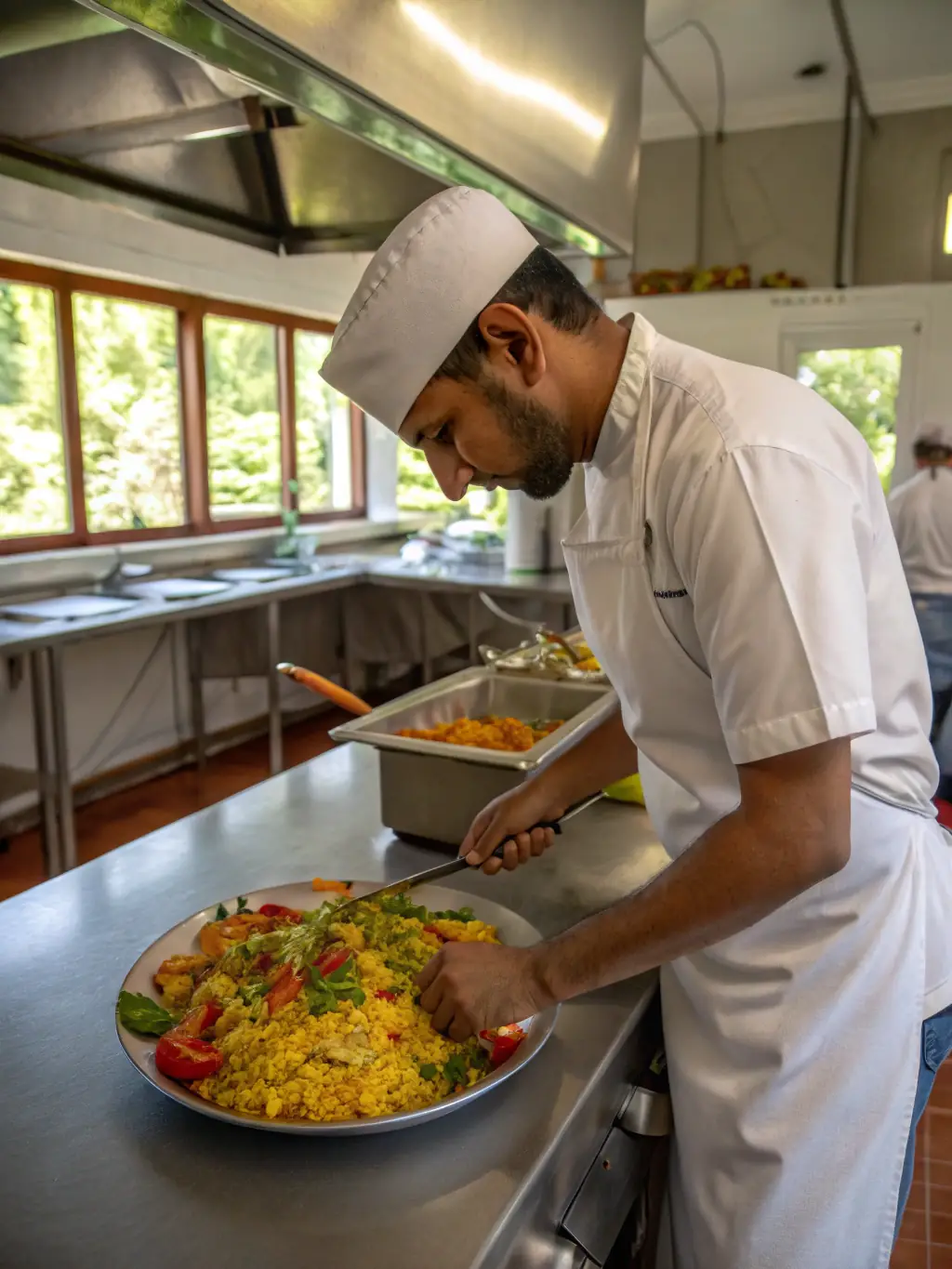 A close-up shot of a chef meticulously plating a dish, showcasing the attention to detail and artistry involved in Ino Catering's culinary process.