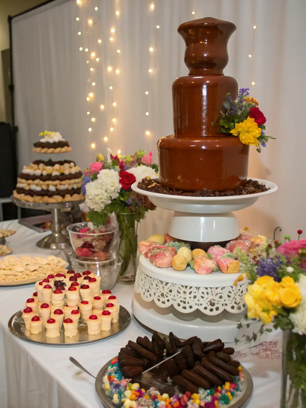 An image of a beautifully decorated dessert table with various cakes, pastries, and sweets, suitable for a dessert catering menu.
